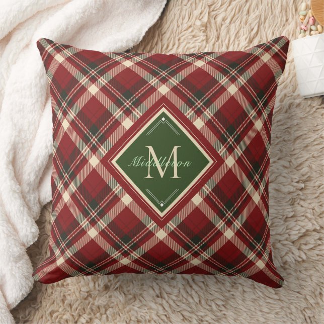 Rustic Christmas Plaid Green Monogram Name Holiday Cushion (Blanket)
