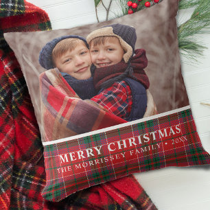 Rustic Christmas Plaid Red Green Photo Cushion