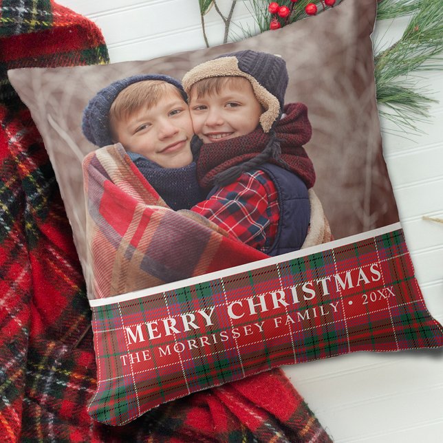 Rustic Christmas Plaid Red Green Photo Cushion (Rustic Christmas Plaid Red Green Photo Throw Pillow)