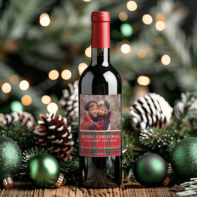 Rustic Christmas Plaid Red Green Photo Wine Label (Rustic Christmas Plaid Red Green Photo Wine Label)