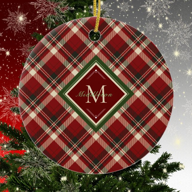 Rustic Christmas Plaid Red Monogram Name Holiday Ceramic Ornament (Creator Uploaded)