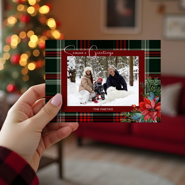 Rustic Christmas Plaid w/Poinsettia & Pine Photo Holiday Card (Creator Uploaded)