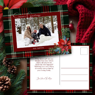 Rustic Christmas Plaid w/Poinsettia & Pine Photo Holiday Postcard