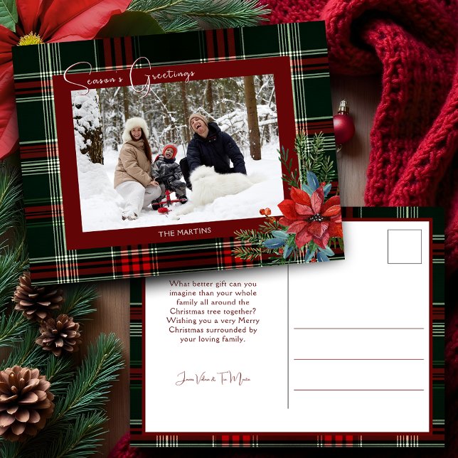 Rustic Christmas Plaid w/Poinsettia & Pine Photo Holiday Postcard (Creator Uploaded)