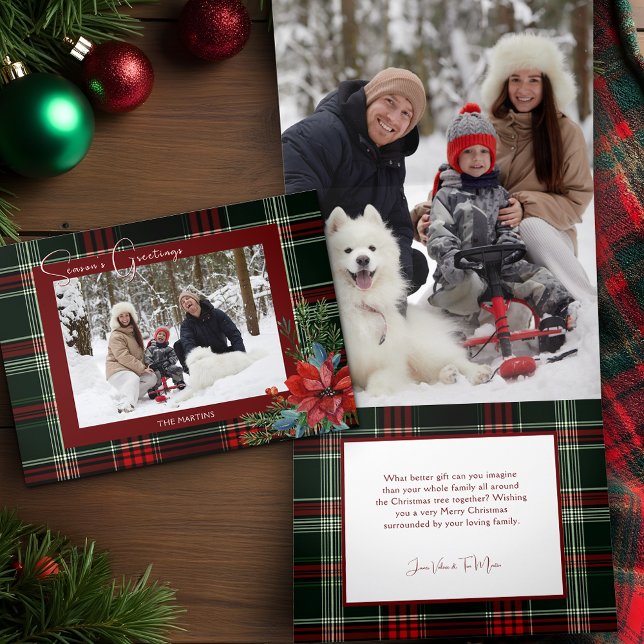 Rustic Christmas Plaid w/Poinsettia & Pine Photo Tri-Fold Holiday Card (Creator Uploaded)