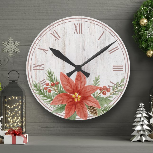 Rustic Christmas Poinsettia Botanical Round Clock (Creator Uploaded)