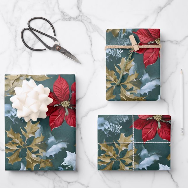 Rustic Christmas Poinsettia Wrapping Paper   (Front)