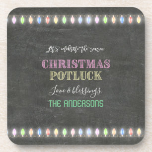 Rustic Christmas Potluck Chalkboard String Lights Coaster