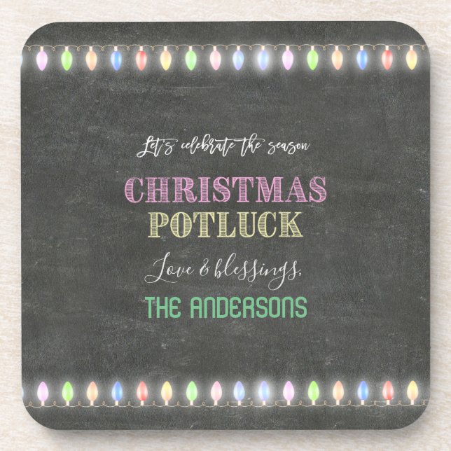 Rustic Christmas Potluck Chalkboard String Lights Coaster (Front)