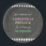 Rustic Christmas Potluck Chalkboard String Lights Paper Plate<br><div class="desc">Rustic Christmas Potluck Chalkboard String Lights. A colourful and joyful design to invite your friend to celebrate the season! Use Customise tool to add your info,  make changes. For matching items,  please,  visit my Christmas Potluck Collection.</div>