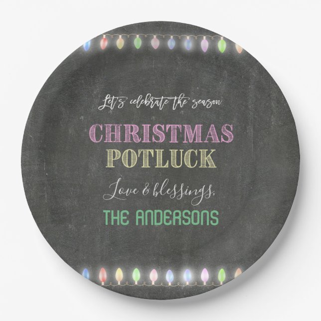 Rustic Christmas Potluck Chalkboard String Lights Paper Plate (Front)