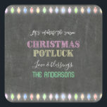 Rustic Christmas Potluck Chalkboard String Lights Square Sticker<br><div class="desc">Rustic Christmas Potluck Chalkboard String Lights. A colourful and joyful design to invite your friend to celebrate the season! Use Customise tool to add your info,  make changes. For matching items,  please,  visit my Christmas Potluck Collection.</div>