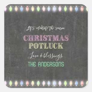 Rustic Christmas Potluck Chalkboard String Lights Square Sticker