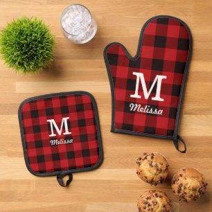 Rustic Christmas Red Buffalo Plaid Monogram Oven Mitt & Pot Holder Set