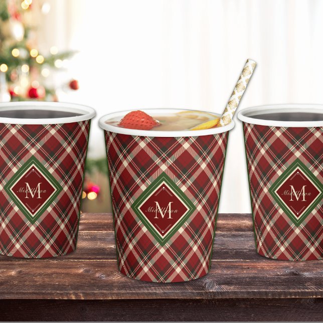 Rustic Christmas Red Green Plaid Simple Monogram  Paper Cups (Creator Uploaded)
