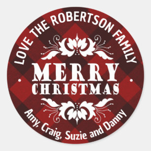 Rustic Christmas red plaid custom family Classic Round Sticker