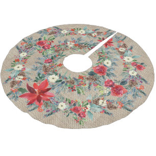 Rustic Christmas red poinsettia watercolor burlap Brushed Polyester Tree Skirt