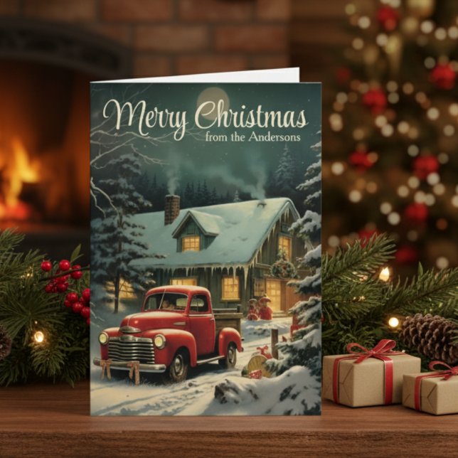 Rustic Christmas Red Truck And Home Custom Holiday Card (Rustic Christmas Red Truck And Home Custom Holiday Card)