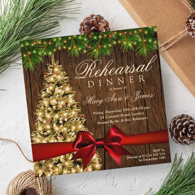 Rustic Christmas Rehearsal Dinner Tree & Ribbon Invitation (Rustic Christmas Rehearsal Dinner Tree & Ribbon Invitation)