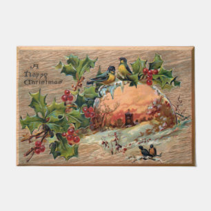 Rustic Christmas Scene on Weathered Wood Doormat