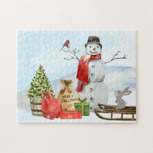 Rustic Christmas Scene Snowman, Snow, Tree Jigsaw Puzzle