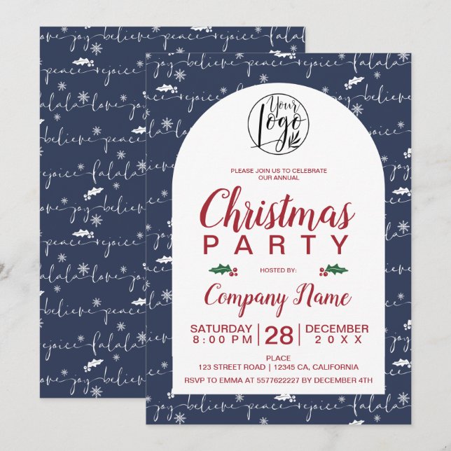 Rustic Christmas script corporate party blue Invitation (Front/Back)