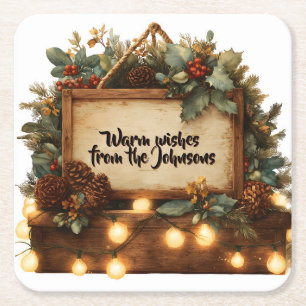 Rustic Christmas Sign Frame with Custom Text Square Paper Coaster