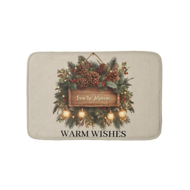 Rustic Christmas Sign with Customizable Text Bath Mat (Front)