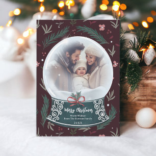 Rustic Christmas snow globe floral family photo Holiday Card