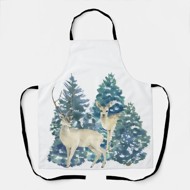 Rustic Christmas Snowy Forest Deer Decor For Home Apron (Front)