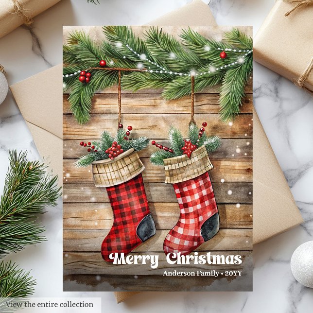 Rustic Christmas stocking traditional pine wreath Holiday Card (Rustic Christmas stocking traditional pine wreath Holiday Card )