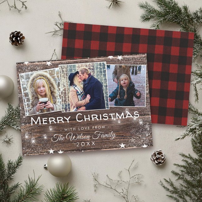 Rustic Christmas String Lights Snow Photo Collage Invitation (Creator Uploaded)