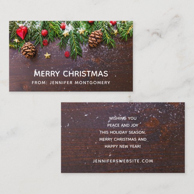 Rustic Christmas Table with Pine & Snow Business Card (Front/Back)