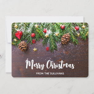 Rustic Christmas Table with Pine & Snow Holiday Card