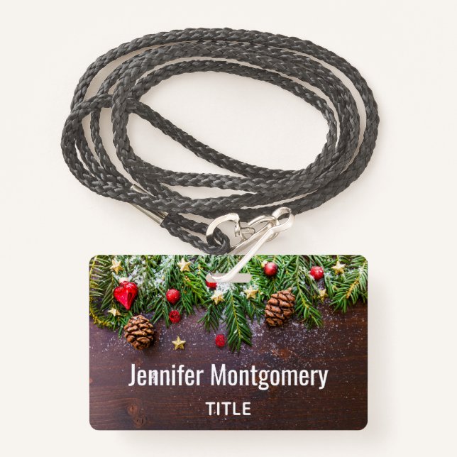 Rustic Christmas Table with Pine & Snow ID Badge (Front with Lanyard)