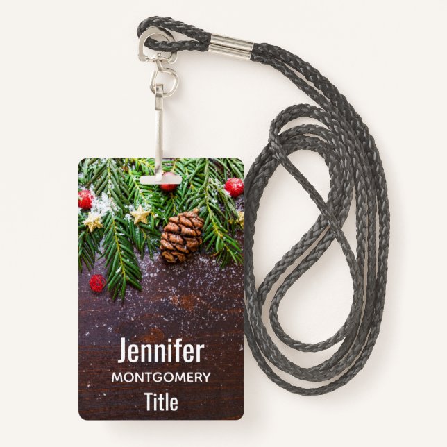 Rustic Christmas Table with Pine & Snow ID Badge (Front with Lanyard)
