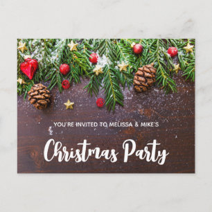 Rustic Christmas Table with Pine & Snow Invitation Postcard
