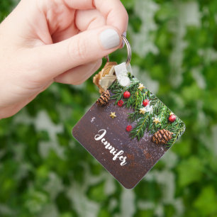 Rustic Christmas Table with Pine & Snow Key Ring