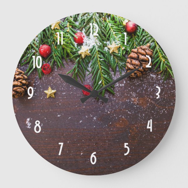 Rustic Christmas Table with Pine & Snow Large Clock (Front)