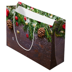 Rustic Christmas Table with Pine & Snow Large Gift Bag