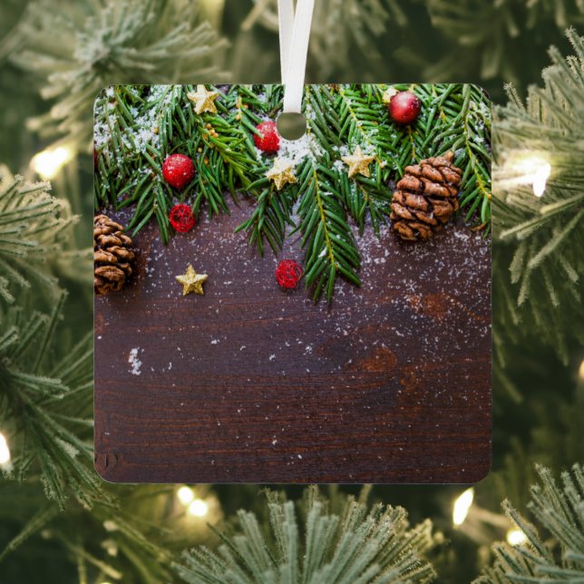 Rustic Christmas Table with Pine & Snow Metal Tree Decoration (Insitu)