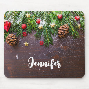 Rustic Christmas Table with Pine & Snow Mouse Pad