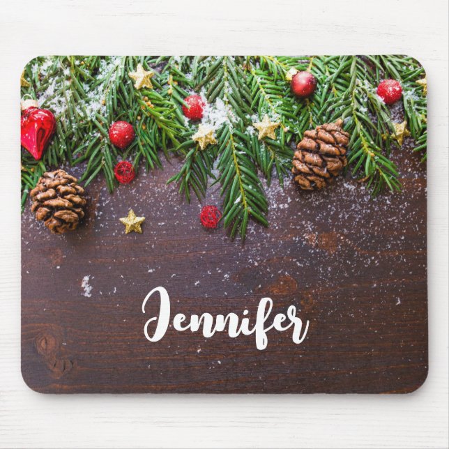 Rustic Christmas Table with Pine & Snow Mouse Pad (Front)