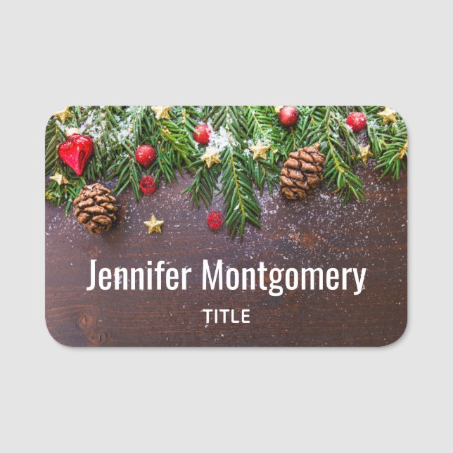 Rustic Christmas Table with Pine & Snow Name Tag (Front)