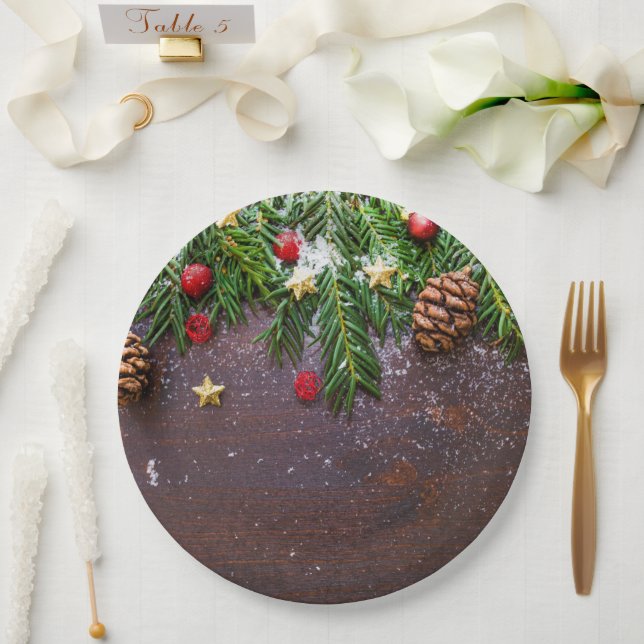 Rustic Christmas Table with Pine & Snow Paper Plate (Wedding)