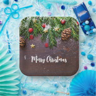 Rustic Christmas Table with Pine & Snow Paper Plate