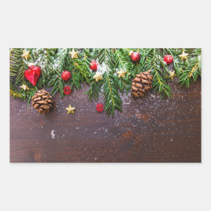 Rustic Christmas Table with Pine & Snow Rectangular Sticker