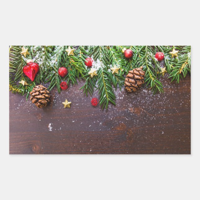 Rustic Christmas Table with Pine & Snow Rectangular Sticker (Front)
