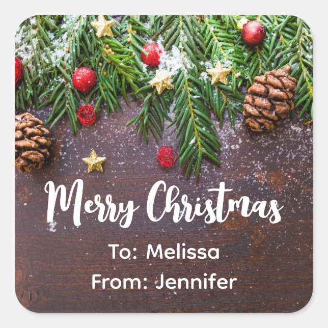 Rustic Christmas Table with Pine & Snow Square Sticker (Front)