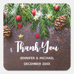 Rustic Christmas Table with Pine & Snow Square Sticker